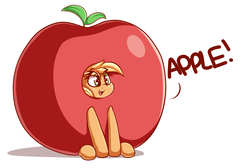 Size: 2320x1555 | Tagged: safe, artist:graphene, applejack, earth pony, pony, g4, apple, apple costume, applejack becoming an apple, clothes, costume, cute, dialogue, eye clipping through hair, female, food, food costume, food transformation, jackabetes, mare, silly, silly pony, simple background, solo, that pony sure does love apples, transformation, white background, who's a silly pony