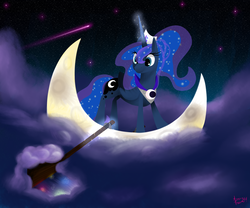 Size: 3000x2500 | Tagged: safe, artist:angiepeggy2114, princess luna, pony, g4, cloud, female, high res, macro, magic, moon, oar, pony bigger than a planet, shooting star, solo, stars, tangible heavenly object, telekinesis