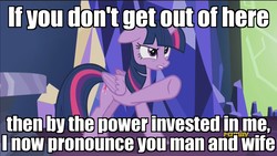 Size: 1920x1080 | Tagged: safe, edit, edited screencap, screencap, twilight sparkle, alicorn, pony, g4, what about discord?, angry, discovery family logo, female, image macro, meme, mermaid man and barnacle boy, pointing, solo, spongebob squarepants, twilight sparkle (alicorn)