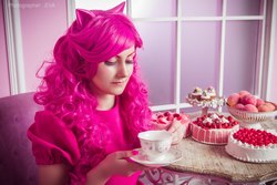 Size: 2560x1707 | Tagged: safe, artist:aster-hime, pinkie pie, human, g4, cake, clothes, cosplay, costume, cup, food, irl, irl human, photo, solo, tea, teacup