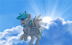 Size: 1019x638 | Tagged: safe, artist:marsminer, oc, oc only, oc:lightning blitz, pony, chest fluff, cloud, flying, irl, photo, solo, sun, tongue out