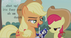 Size: 896x475 | Tagged: safe, edit, edited screencap, screencap, apple bloom, applejack, rarity, g4, honest apple, crunch, doll, drunk, drunk aj, female, irl, photo, stan, text, toy