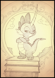 Size: 990x1400 | Tagged: safe, artist:sherwoodwhisper, spike, dragon, g4, book, cloud, crossed arms, golden oaks library, horn, lidded eyes, looking at you, male, monochrome, solo