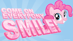 Size: 1920x1080 | Tagged: safe, artist:paradigm-zero, edit, pinkie pie, g4, female, signature, smile song, solo, text, wallpaper, wallpaper edit