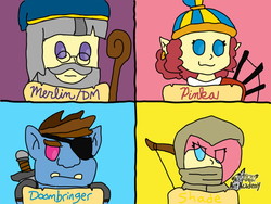 Size: 1024x768 | Tagged: safe, artist:power-up&sky-blue, fluttershy, pinkie pie, rainbow dash, twilight sparkle, oc, oc:merlin, oc:pinka, oc:shade, oc:skullfuck doombringer, elf, human, orc, g4, bagpipes, barbarian, bard, bard pie, bow (weapon), dungeons and dragons, fantasy class, humanized, musical instrument, pokemon art academy, rogue, species swap, wizard