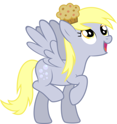 Size: 7227x7682 | Tagged: dead source, safe, artist:daydreamsyndrom, derpy hooves, pegasus, pony, g4, .svg available, absurd resolution, female, food, happy, looking up, mare, muffin, open mouth, open smile, raised hoof, simple background, smiling, solo, spread wings, transparent background, vector, wings