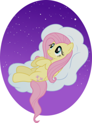 Size: 2462x3297 | Tagged: safe, artist:daydreamsyndrom, fluttershy, pegasus, pony, g4, cloud, cute, female, high res, looking up, lying down, lying on a cloud, mare, night, on a cloud, on back, shyabetes, simple background, sky, smiling, solo, stars, transparent background