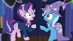 Size: 1136x640 | Tagged: safe, artist:pixelkitties, starlight glimmer, trixie, pony, unicorn, g4, cape, clothes, hat, magician outfit, trixie's cape, trixie's hat