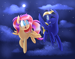 Size: 2400x1900 | Tagged: safe, artist:siggie740, oc, oc only, oc:consol mash, oc:spirited rainbow, pony, female, flying, male, moon, night, one eye closed, wink