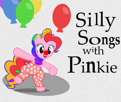 Size: 1021x865 | Tagged: safe, artist:ianpony98, pinkie pie, earth pony, pony, g4, balloon, bipedal, clothes, clown, female, larry's high silk hat, pants, polka dots, silly songs, silly songs with pinkie, solo, song in the comments, title card, veggietales