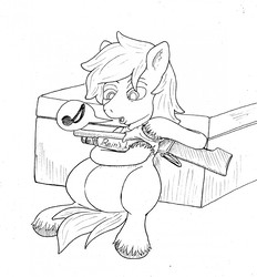 Size: 1186x1280 | Tagged: safe, artist:b-i-r, oc, oc only, earth pony, pony, gun, solo, traditional art, weapon