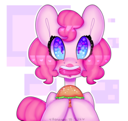 Size: 2106x2000 | Tagged: safe, artist:bunxl, pinkie pie, earth pony, pony, g4, abstract background, burger, female, food, hamburger, heart, heart eyes, high res, mare, open mouth, open smile, smiling, solo, sparkly eyes, wingding eyes