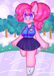 Size: 2500x3500 | Tagged: safe, artist:bunxl, pinkie pie, earth pony, anthro, g4, arm hooves, beautiful, clothes, cute, diapinkes, female, heart, heart eyes, high res, ice skates, ice skating, moe, skirt, smiling, snow, solo, wingding eyes, winter wrap up vest