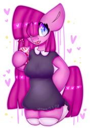 Size: 2500x3500 | Tagged: safe, artist:bunxl, pinkie pie, earth pony, anthro, g4, arm hooves, clothes, dress, drink, female, heart, heart eyes, high res, pinkamena diane pie, raspberry, simple background, soda, solo, tongue out, transparent background, wingding eyes