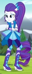 Size: 188x429 | Tagged: safe, screencap, rarity, equestria girls, g4, my little pony equestria girls: legend of everfree, boots, cropped, crystal guardian, female, high heel boots, long hair, mountain, ponied up, ponytail, sad, solo, super ponied up, tree