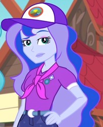 Size: 441x543 | Tagged: safe, screencap, princess luna, vice principal luna, equestria girls, g4, my little pony equestria girls: legend of everfree, camp everfree outfits, cap, clothes, crescent moon, cropped, female, hand on hip, hat, looking at you, moon, scarf, solo