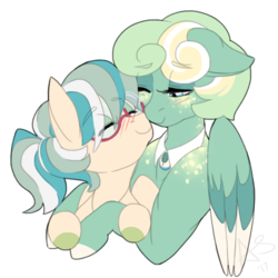 Size: 1000x1000 | Tagged: safe, artist:curiouskeys, oc, oc only, oc:gusty petals, oc:sweet mint, pegasus, pony, blushing, boop, cute, duo, female, glasses, hug, jewelry, mare, mother and daughter, necklace, noseboop, ocbetes, ponytail, simple background, white background