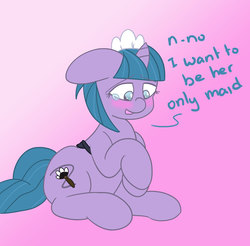 Size: 1510x1483 | Tagged: safe, alternate version, artist:lou, oc, oc only, oc:sentimental tender, pony, unicorn, blushing, clothes, crying, female, gradient background, maid, mare, sitting, solo