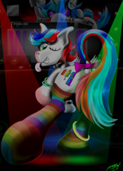 Size: 3000x4200 | Tagged: safe, artist:raptorpwn3, dj pon-3, vinyl scratch, oc, pony, g4, clothes, glow rings, high res, male, one eye closed, rainbow socks, rave, signature, socks, spotlight, strategically covered, striped socks, tongue out, wink