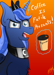 Size: 3000x4200 | Tagged: safe, artist:raptorpwn3, princess luna, alicorn, pony, g4, coffee, cup, dialogue, espresso, female, high res, looking at you, luna found the coffee, magic, mare, open mouth, signature, solo