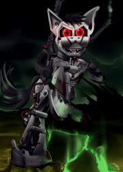 Size: 3000x4200 | Tagged: safe, artist:raptorpwn3, oc, oc only, oc:deus, cyborg, pony, robot, fallout equestria, fallout equestria: project horizons, gun, high res, looking at you, machine gun, open mouth, red eyes, solo, wasteland, weapon