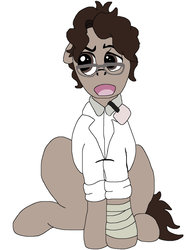 Size: 775x1031 | Tagged: safe, artist:creativeblossom, earth pony, pony, annoyed, bandage, glasses, male, reference, scarecrow, simple background, solo, stallion, white background