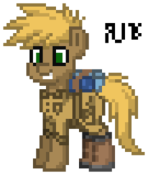 Size: 450x530 | Tagged: safe, artist:radical user 76, pony, pony town, blonde hair, boots, camping outfit, cargo shirt, cargo shorts, exploitable meme, green eyes, meme, pixel art, ponified, rucksack, simple background, sleeping bag, solo, steve irwhinny, white background