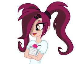 Size: 1024x859 | Tagged: dead source, safe, artist:wubcakeva, oc, oc only, oc:scarlett, equestria girls, g4, clothes, equestria girls-ified, hair over one eye, nurse, simple background, solo