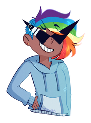 Size: 723x982 | Tagged: safe, artist:mochietti, rainbow dash, human, g4, alternate hairstyle, clothes, dark skin, ear piercing, earring, female, grin, hoodie, humanized, jewelry, piercing, sidecut, simple background, smiling, solo, sunglasses, undercut, white background