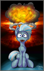 Size: 1202x1960 | Tagged: safe, artist:calena, oc, oc only, oc:silicon chip (kaperon), crystal pony, pony, boom, explosion, mind blown, mushroom cloud, nuclear, poster, smoke, solo