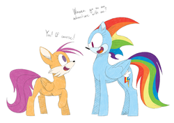 Size: 1280x900 | Tagged: safe, artist:ogaraorcynder, rainbow dash, scootaloo, pony, g4, crossover, duo, male, miles "tails" prower, sonic the hedgehog, sonic the hedgehog (series), sonicified, wat