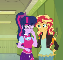 Size: 4848x4624 | Tagged: safe, artist:maddymoiselle, sci-twi, sunset shimmer, twilight sparkle, equestria girls, g4, absurd resolution, bowtie, clothes, duo, female, glasses, hallway, hand on butt, jacket, leather jacket, lesbian, lockers, one eye closed, ponytail, ship:sci-twishimmer, ship:sunsetsparkle, shipping, skirt, smiling