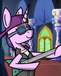 Size: 400x500 | Tagged: safe, artist:toastytop, starlight glimmer, pony, unicorn, g4, backwards ballcap, baseball cap, cap, electric guitar, female, flying v, guitar, hat, itchy & scratchy, male, musical instrument, poochie, smiling, solo, sunglasses, the simpsons, twilight's castle