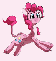 Size: 1280x1376 | Tagged: safe, artist:pabbley, pinkie pie, giraffe, g4, cute, diapinkes, female, giraffe pie, giraffied, leaping, pink background, simple background, solo, species swap