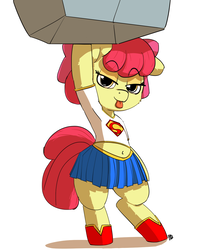 Size: 1280x1461 | Tagged: safe, artist:pabbley, apple bloom, tom, earth pony, pony, g4, :p, adorabloom, belly button, bipedal, boots, clothes, costume, cute, dc comics, female, lidded eyes, male, midriff, miniskirt, rock, simple background, skirt, solo, super strength, superfilly, supergirl, superman, tongue out, white background
