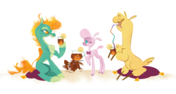 Size: 1280x683 | Tagged: safe, artist:lindsay towns, paprika (tfh), pom (tfh), tianhuo (tfh), alpaca, dog, lamb, longma, sheep, them's fightin' herds, bendy straw, community related, drinking straw, food, iced tea, lemon, puppy, simple background, tea, white background
