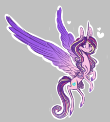 Size: 1357x1500 | Tagged: safe, artist:australian-senior, princess cadance, alicorn, pony, kirindos, g4, alternate universe, colored hooves, colored wings, doodle, female, flying, gradient wings, gray background, heart, mare, simple background, sketch, solo