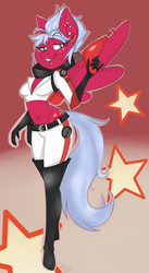 Size: 522x950 | Tagged: safe, artist:floofflebutt, oc, oc only, oc:melon frost, anthro, anthro oc, belly button, butt freckles, clothes, commission, ear piercing, fallout, fallout 4, freckles, laser gun, lip piercing, midriff, nuka cola, nuka girl, piercing, raised eyebrow, snake bites, solo, the ass was fat, ych result