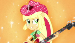 Size: 1904x1090 | Tagged: safe, screencap, applejack, equestria girls, g4, my little pony equestria girls: rainbow rocks, bass guitar, cowboy hat, female, guitar, hat, musical instrument, ponied up, pony ears, rainbow rocks outfit, solo, sparkles