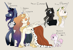 Size: 5366x3712 | Tagged: safe, artist:kaleysia, princess celestia, oc, oc:king infinitus, oc:prince anima, oc:prince exanimes, oc:queen eternita, alicorn, pony, g4, absurd resolution, alicorn oc, cewestia, family, female, filly, male, mare, pink-mane celestia, pregnant, simple background, stallion, younger