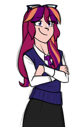 Size: 970x1457 | Tagged: safe, artist:namyg, oc, oc only, oc:violet sunrise, equestria girls, g4, clothes, crossed arms, equestria girls-ified, glasses, glasses off, human coloration, magical lesbian spawn, offspring, parent:sci-twi, parent:sunset shimmer, parents:scitwishimmer, simple background, solo, white background