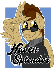 Size: 1306x1750 | Tagged: safe, artist:wcnimbus, oc, oc only, oc:haven splendor, pegasus, pony, badge, clothes, con badge, everfree northwest, facial hair, jacket, male, salute, simple background, smiling, solo, stallion, sunglasses, sweater, text, turtleneck, wing gesture, wing hands, wings