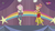 Size: 1136x638 | Tagged: safe, screencap, fluttershy, sunset shimmer, equestria girls, equestria girls specials, g4, my little pony equestria girls: dance magic, alternate hairstyle, awkward smile, ballet slippers, canterlot high, clothes, dress, duo, female, flamenco dress, high heels, rainbow, shoes, skirt, smiling, stars, street ballet tutu, sunset shimmer flamenco dress, teletoon, tutu