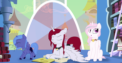 Size: 3475x1792 | Tagged: safe, artist:kaleysia, princess celestia, princess luna, oc, oc:queen cleophee, alicorn, pony, g4, alicorn oc, blank flank, cewestia, female, filly, filly celestia, filly luna, library, mare, pink-mane celestia, traditional royal canterlot voice, woona, younger