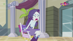 Size: 1136x638 | Tagged: safe, screencap, rarity, equestria girls, equestria girls specials, g4, my little pony equestria girls: dance magic, canterlot high, chair, director's chair, eyes closed, female, palm tree, shouting rarity, solo, teletoon, tree