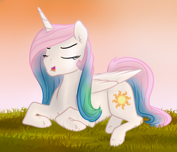 Size: 2000x1717 | Tagged: safe, artist:kaleysia, princess celestia, alicorn, pony, g4, my little pony: legends of magic, spoiler:comic, eyes closed, female, mare, prone, solo, sunset, younger