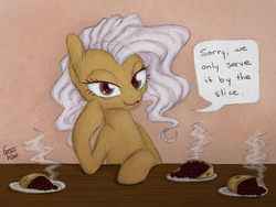 Size: 1250x938 | Tagged: safe, artist:gracewolf, oc, oc only, oc:fresh slice, food pony, original species, pie pony, dialogue, dish, female, food, lidded eyes, looking at you, mare, pie, smiling, solo, steam
