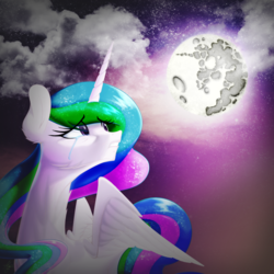 Size: 1000x1000 | Tagged: safe, artist:atomic8497, princess celestia, pony, g4, cloud, crying, female, mare in the moon, moon, night, sad, solo