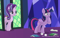 Size: 3097x1973 | Tagged: safe, artist:shutterflyeqd, starlight glimmer, twilight sparkle, alicorn, pony, unicorn, book, confused, hoof on chin, nervous, paper, paper ball, shocked, sweat, sweating profusely, twilight sparkle (alicorn), twilight's castle