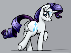 Size: 3514x2648 | Tagged: safe, artist:jetwave, rarity, pony, unicorn, g4, butt, female, gray background, high res, looking at you, looking back, mare, plot, rearity, simple background, solo, underhoof